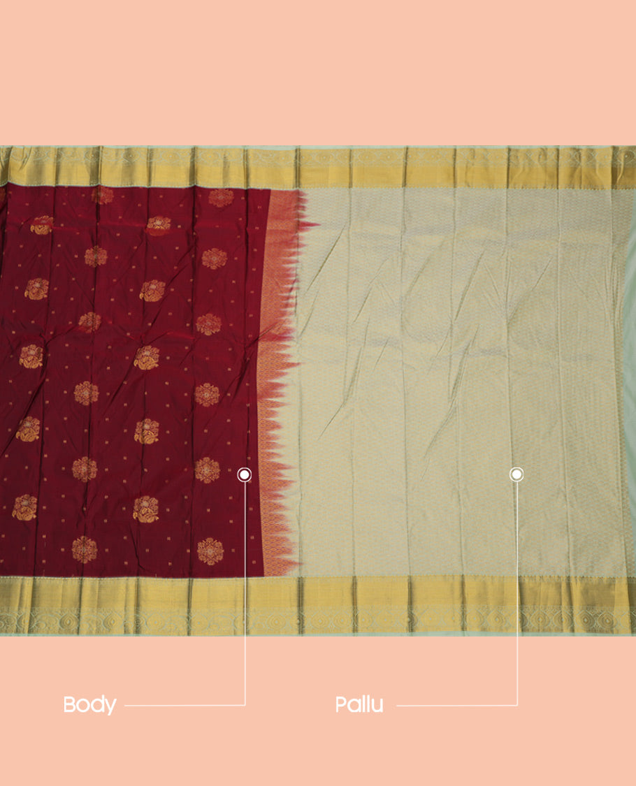 Maroon Budget Silk Saree, Ornamented with Zari Buttas and Checks, a Contrast Traditional Zari Border, Grand Pallu, and a Contrast Blouse