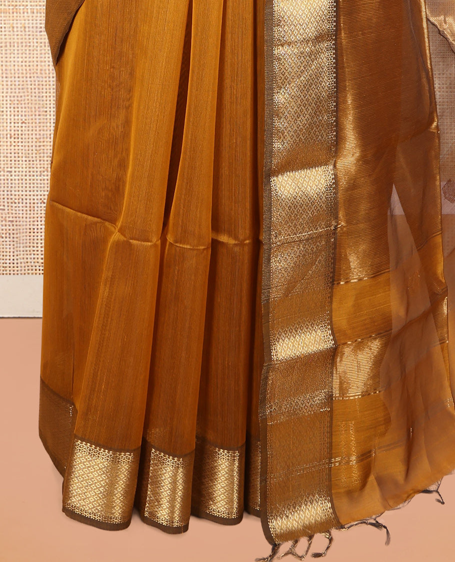 Mustard Maheshwari Cotton Saree, Ornamented with Zari Buttas, a Contrast Traditional Zari Border, Zari Buttas Woven Pallu, and a Matching Blouse