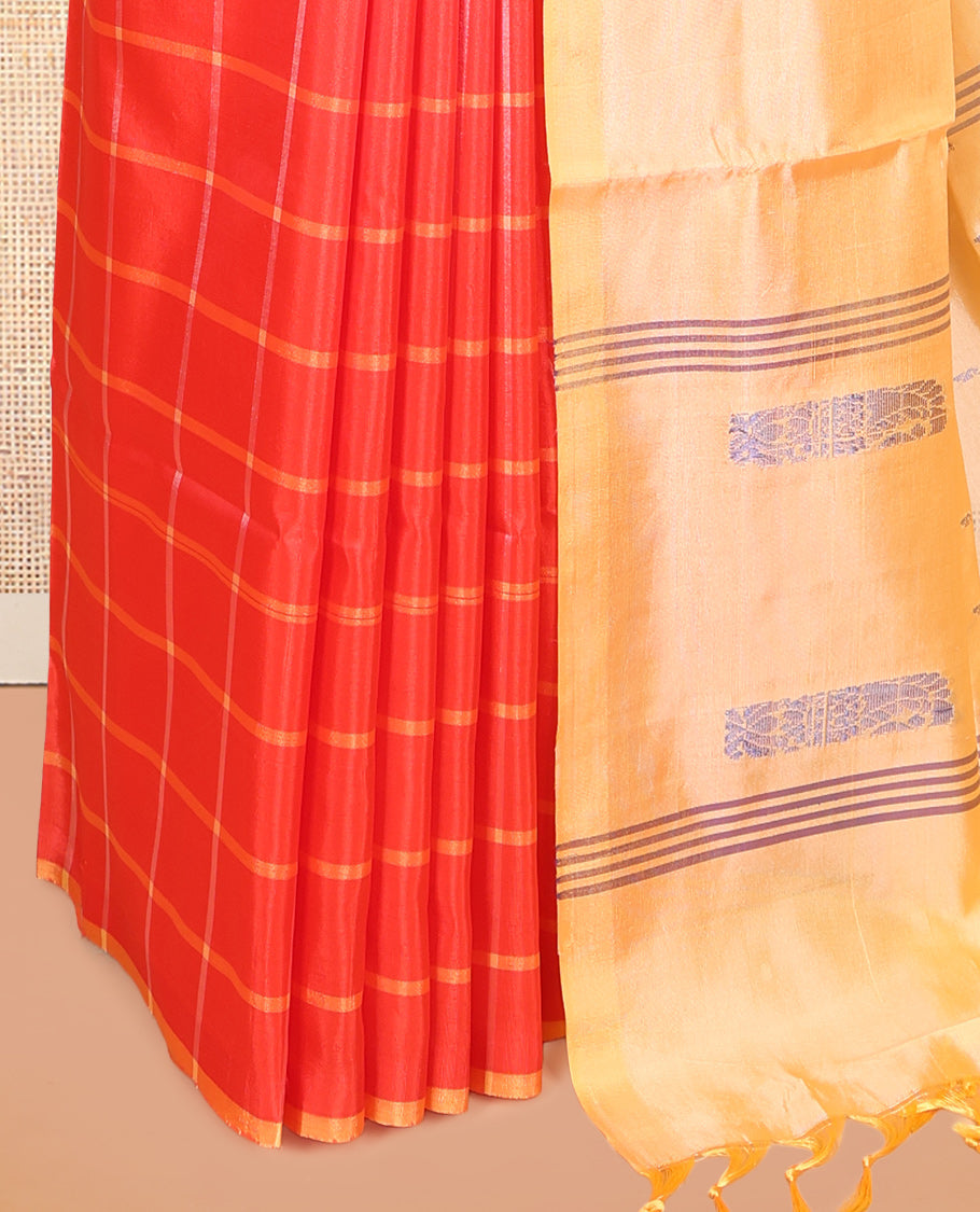 Borderless Red Checked Banana Pith Saree, a Contrast Pallu of Buttas and Stripes, and a Contrast Blouse