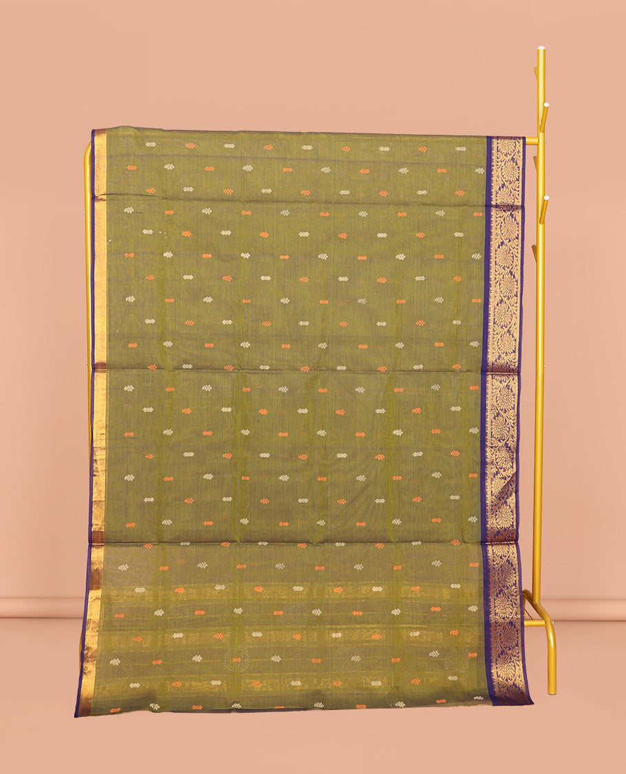 Green Venkatagiri Cotton Saree, Woven with Thread Buttas, a Contrast Floral Creeper Zari Border, Pallu of Buttas and Stripes, and No Blouse