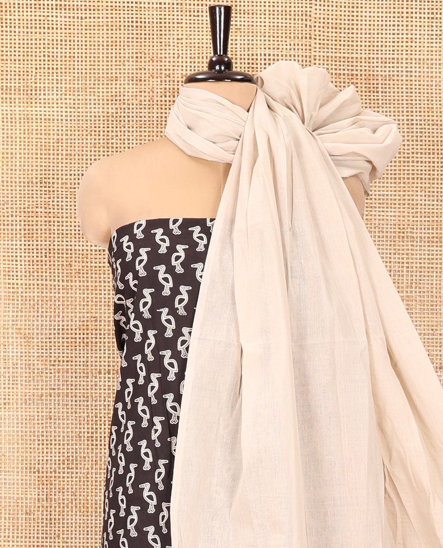 Black Handloom Cotton Material Chudidar Set, Subtly Adorned with Bird Motifs All Over Its Body, Complemented by Contrast Plain Bottom, and Paired with a Contrast Dupatta