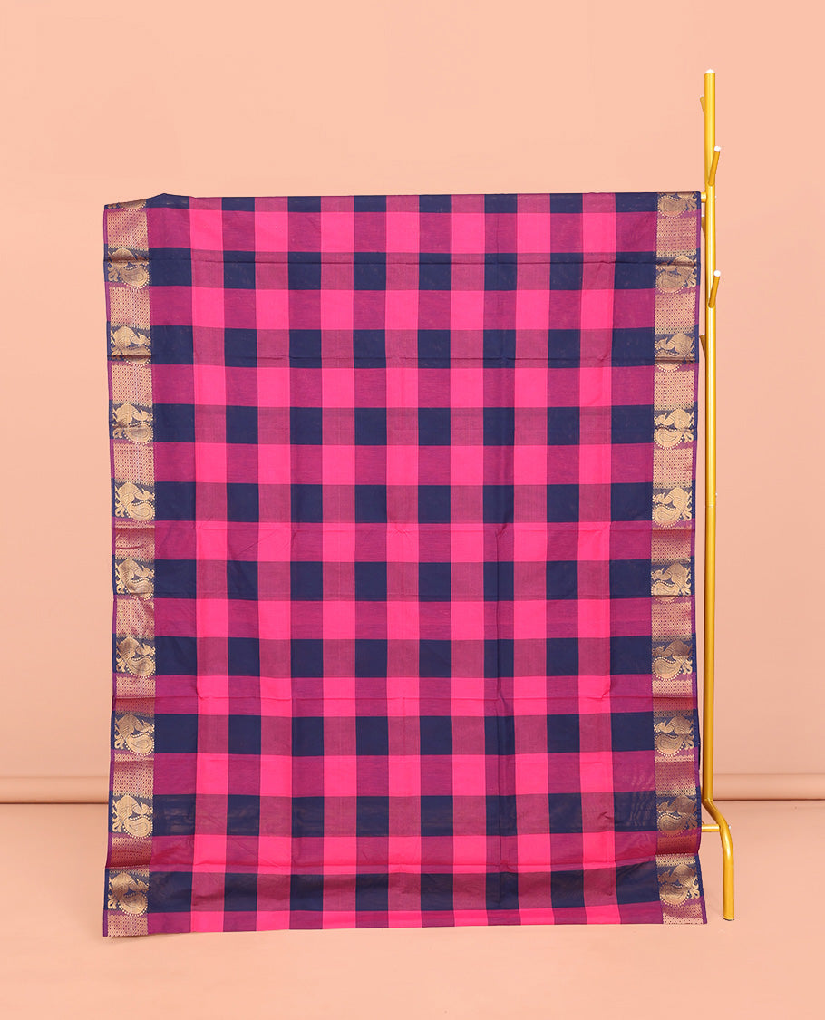 Blue-Pink Chettinad Cotton Saree, Detailed with Checks, Highlighted by Traditional Peacock Border, Striped Pallu, and No Blouse