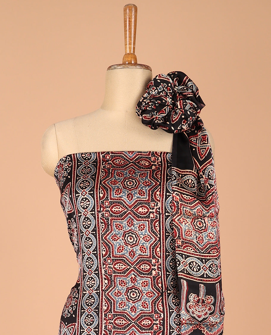 Black chudidhar material set pure modal hand block ajrack print top with plain pant & hand block print dupatta