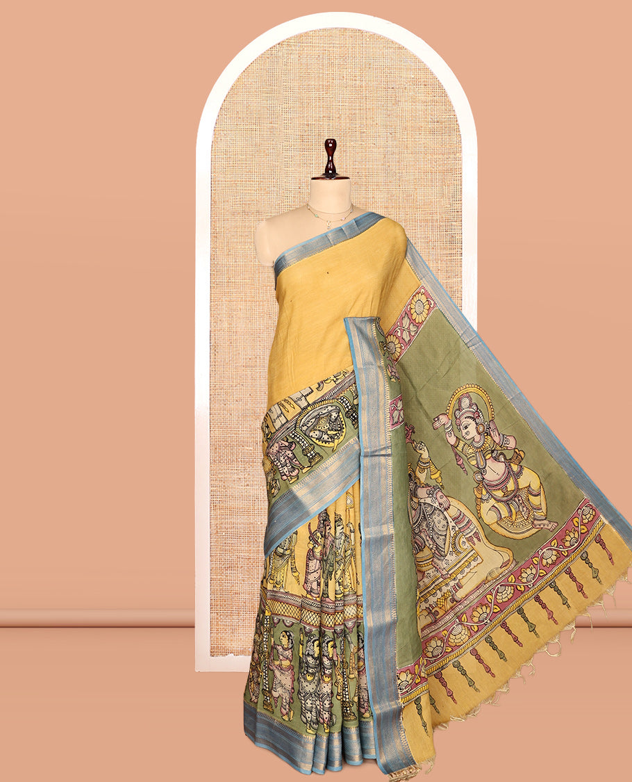 Yellow Kalamkari Silk Saree, Beautified with Ancient Human Figurines, a Contrast Traditional Zari Border, Pallu of Ancient Human Motifs, and a Contrast Blouse