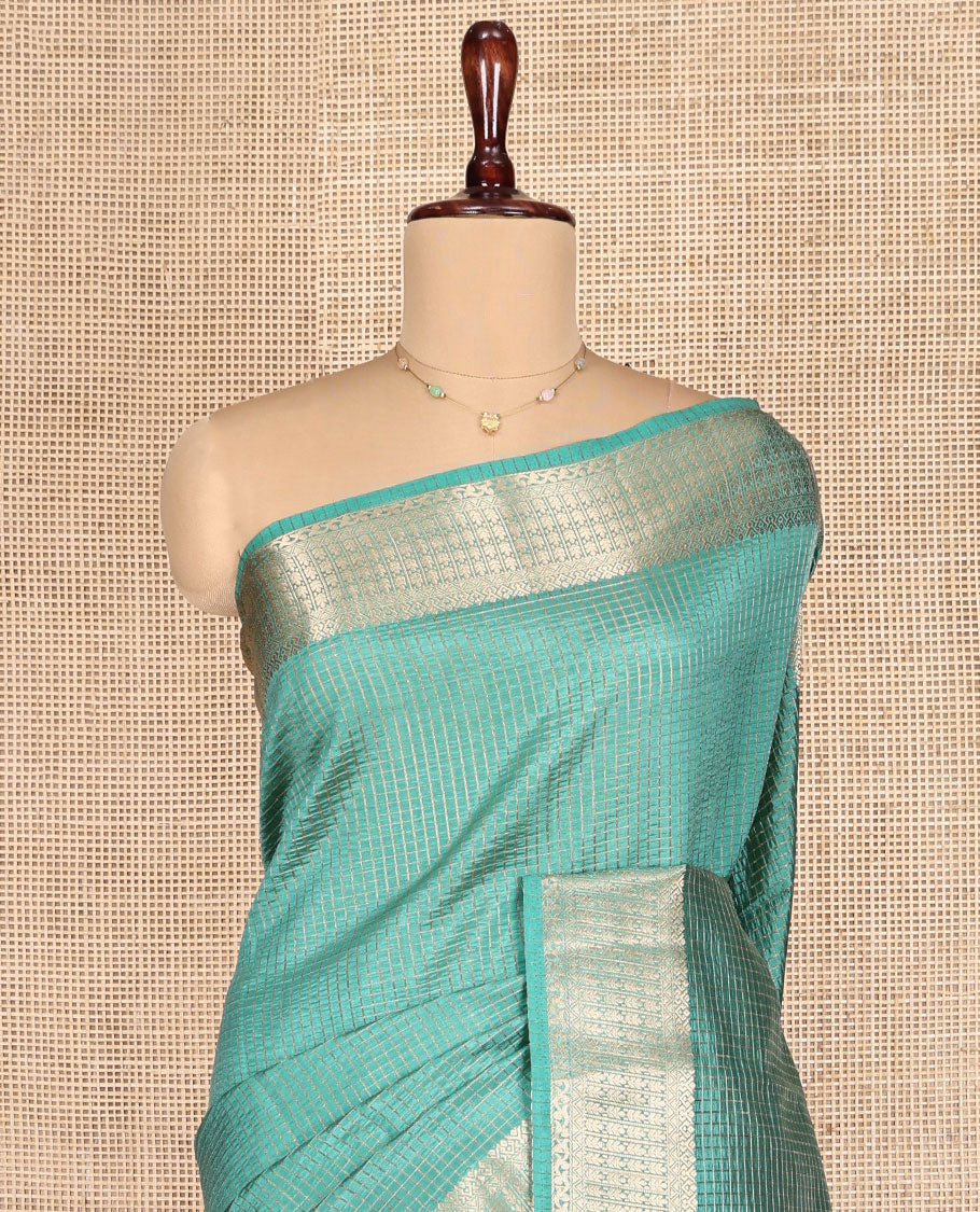 Green Dupion Silk Saree, Accentuated with Zari Micro-Checks, Highlighted by a Traditional Zari Design Border, Zari Striped Pallu, and a Matching Blouse