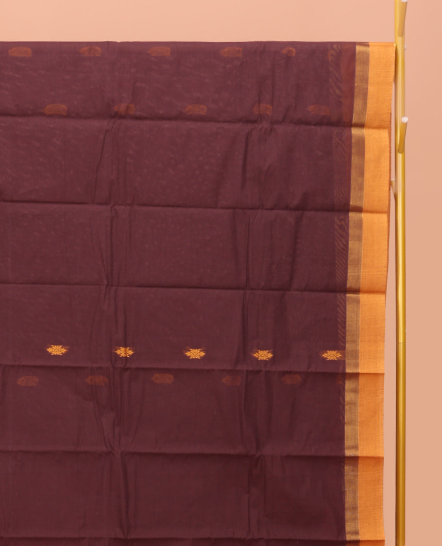 Brown Kanchi Cotton Saree, Adorned with Thread Buttas on Its Body, Complemented by a Contrast Border, Intricately Designed Pallu, and a Matching Blouse