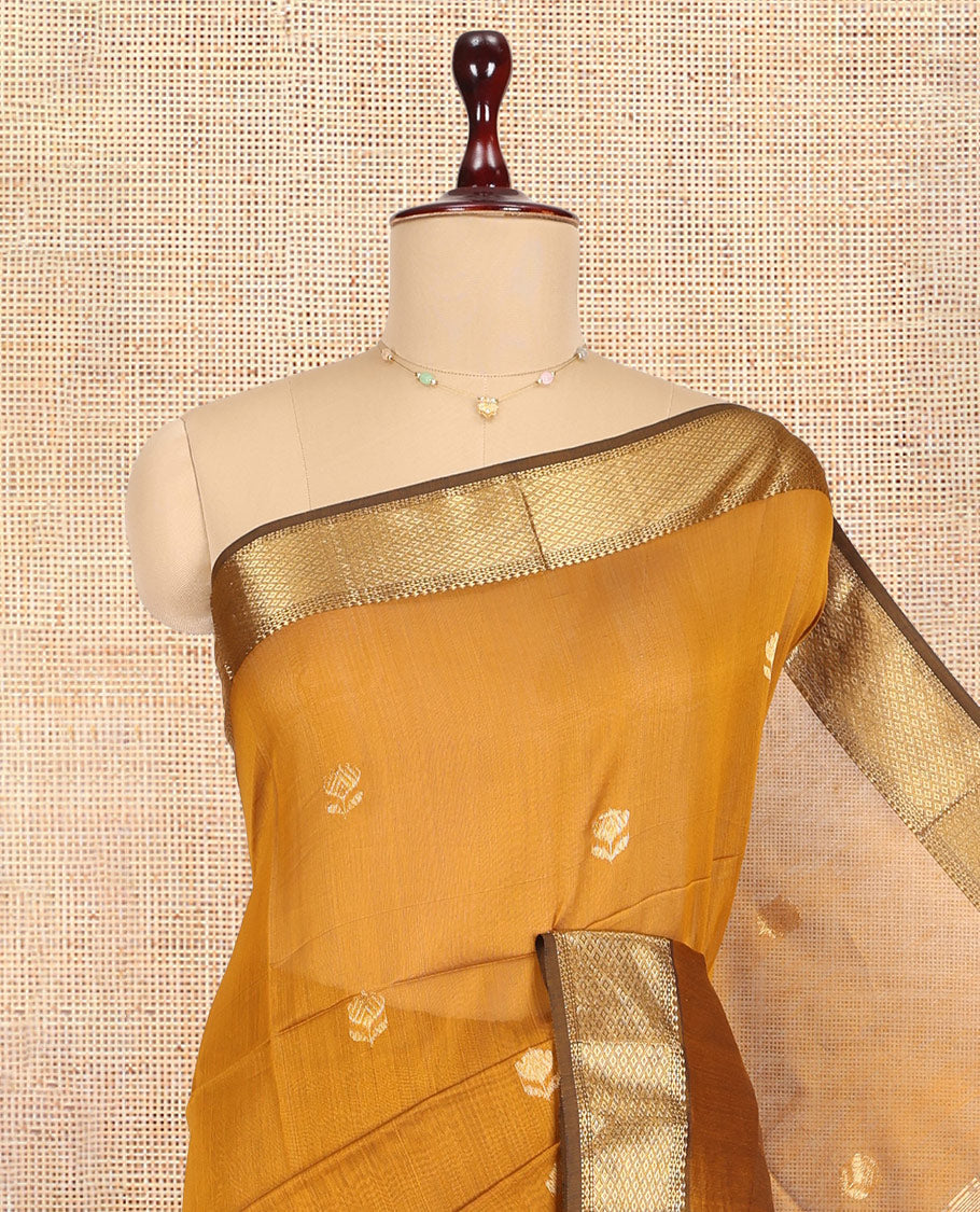 Mustard Maheshwari Cotton Saree, Ornamented with Zari Buttas, a Contrast Traditional Zari Border, Zari Buttas Woven Pallu, and a Matching Blouse