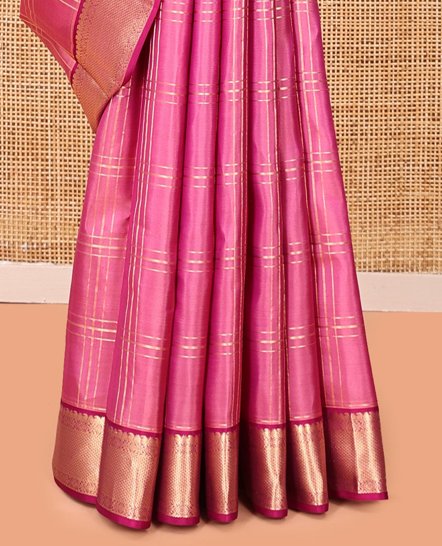 Pink Kanchipuram Silk Saree, Accentuated with Zari Checks, Complemented By Contrast Border, of Manga, Rekku, Banaras, Arai Maadam Designs, Jaal Pallu, and a Contrast Blouse
