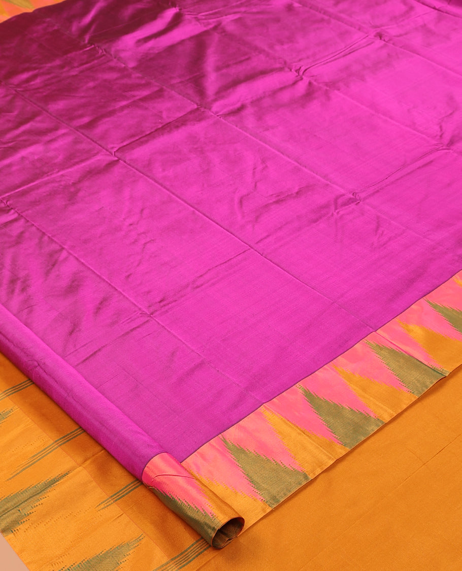 Magenta Pink Plain Bangalore Silk Saree, a Complemented by a Contrast Temple Border, Striped Pallu, and a Contrast Blouse