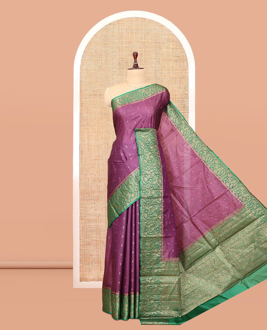 Purple Tussar Silk Saree, Accentuated with Zari Buttas, a Contrast Floral Design Border, Floral Design Pallu, and a Contrast Blouse