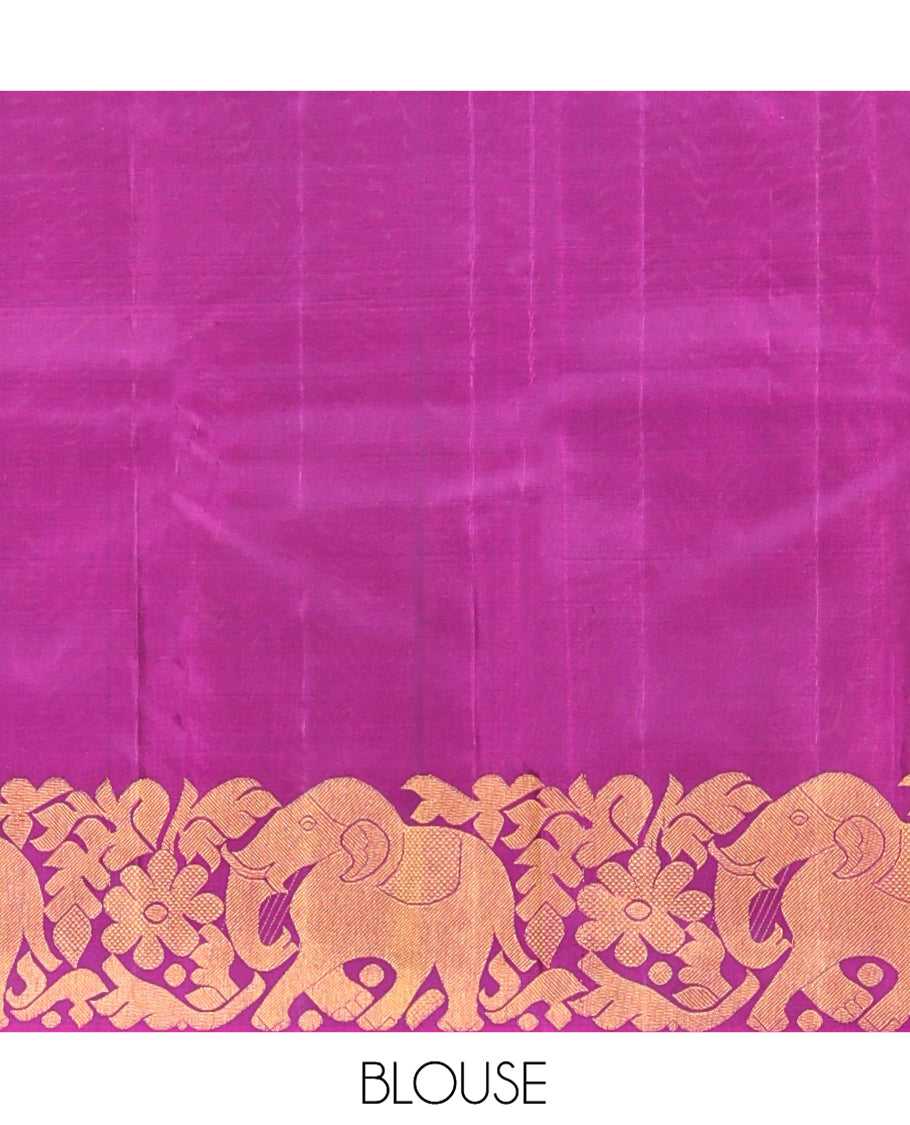 Pink Kanchipuram Designer Silk Saree, Adorned with Manga Buttas, Zari Border of Yaanai Designs, Grand Jaal Pallu, and a Matching Blouse