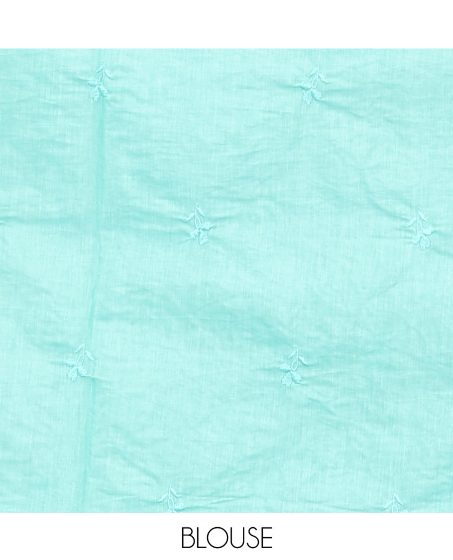 Sea Green Organza Saree, Finely Crafted with Floral Jaal Applique Embroidery All Over Its Body, Scallop Lace Border, Floral Embroidered Pallu, and Paired With a Embroidered Blouse