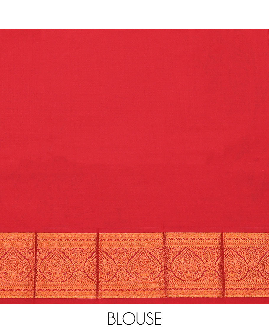 Red Budget Silk Saree, Entralled with Zari Buttas and Checks All Over Its Body, Highlighted by a Traditional Zari Design Border, Jaal-Patterned Pallu, and Paired with a Matching Blouse