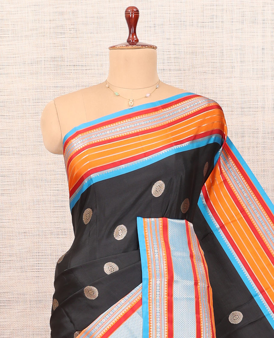 Black Chakram Buttas Semi-Soft Silk Saree