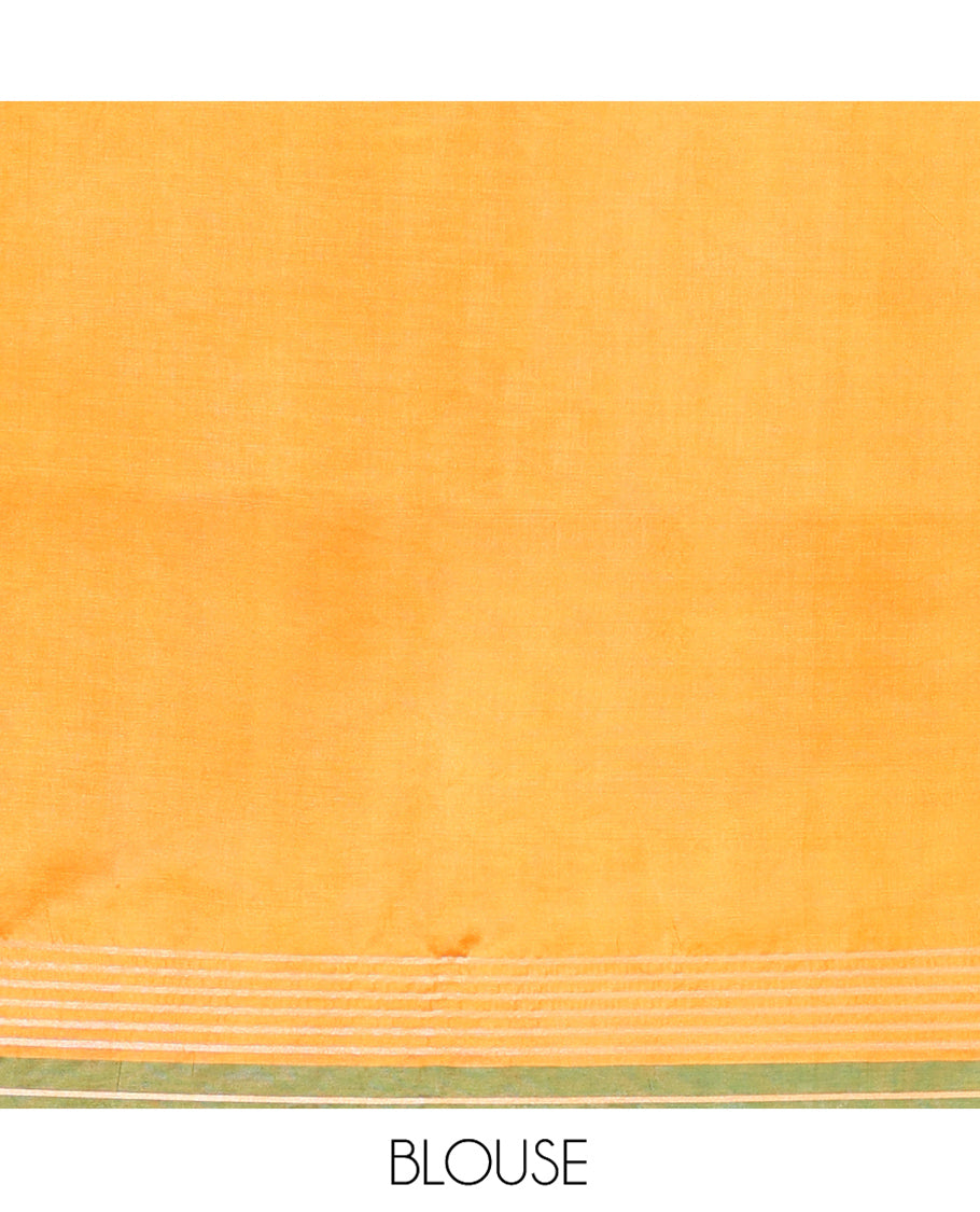 Yellow Plain Banana Pith Saree, Subtle Striped Contrast Border, Pallu of Gleaming Zari Stripes, and Paired with a Matching Blouse