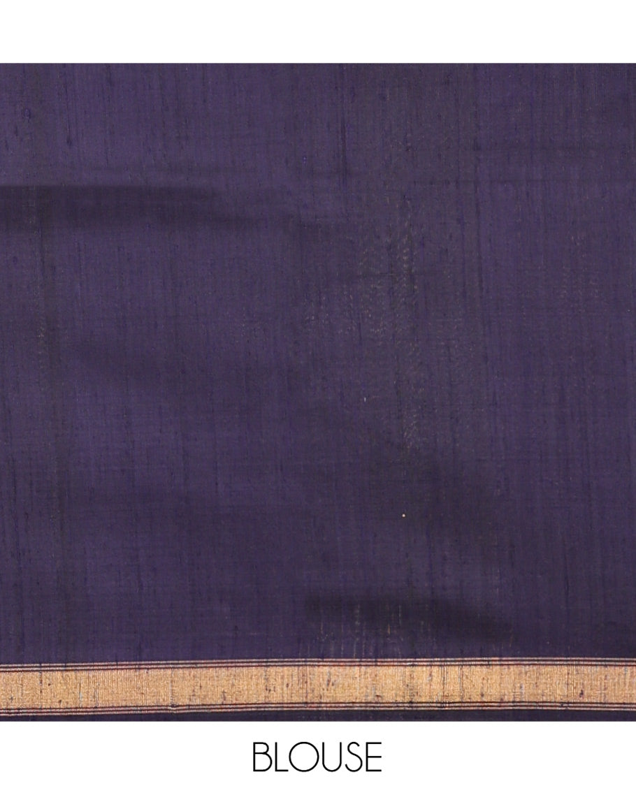 Navy Blue Dupion Silk Saree, Steeped with Dotted Stripes, a Zari Temple Border, Gleaming Striped Pallu, and a Matching Blouse