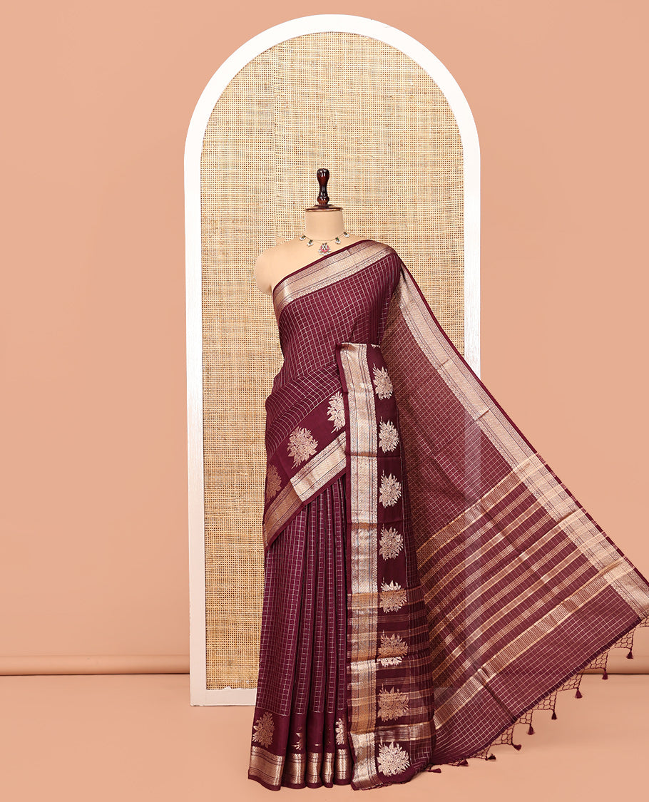 Brown Assam Silk Saree, Richly Detailed with Zari Checks, Highlighted by Traditional Zari Border, Striped Pallu, and Matching Blouse