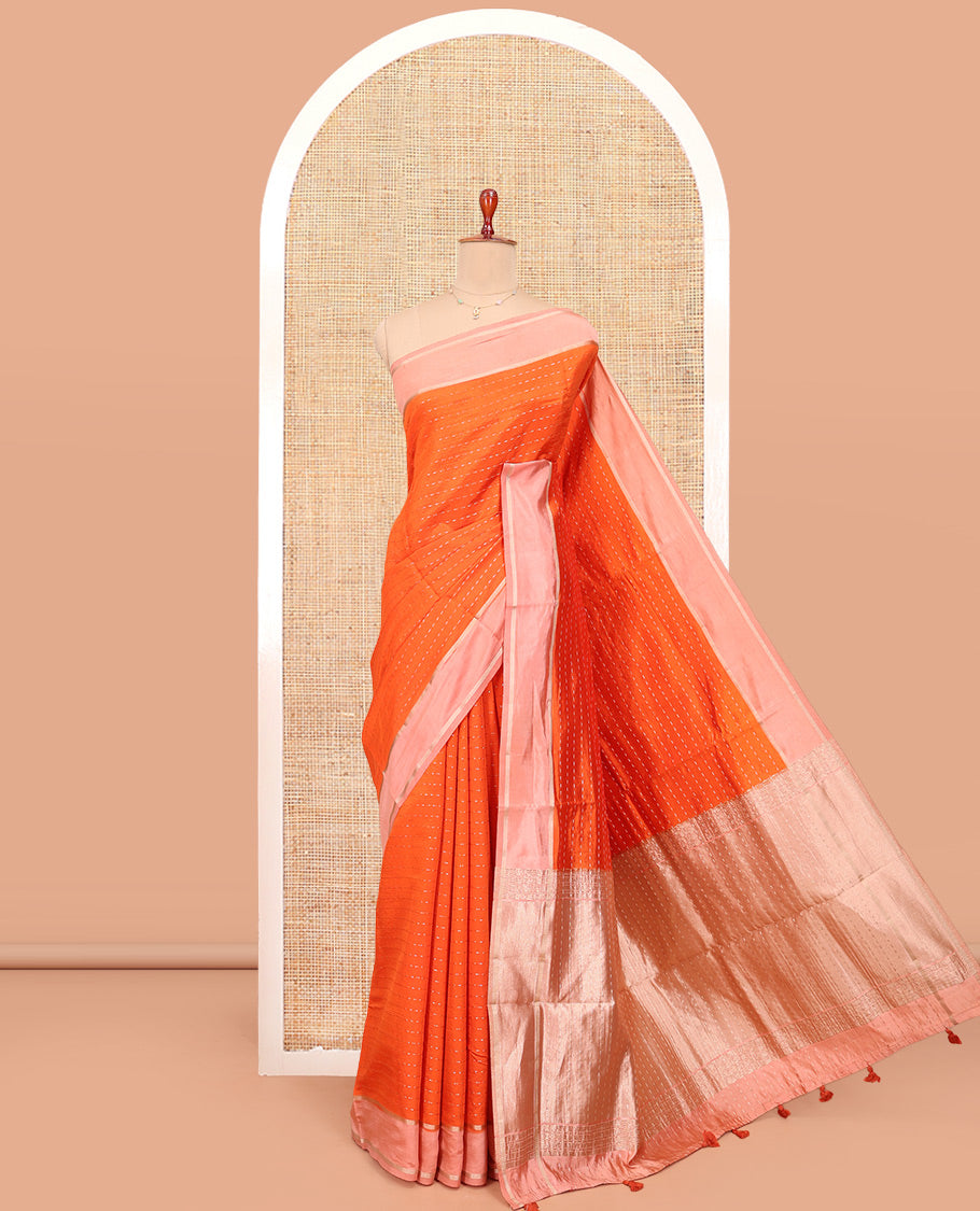 Orange Satin Silk Saree, Gleamed Up with Dotted Stripes All Over Its Body, Complemented by a Contrast Border, Dotted-Striped Pallu, and Paired with a Contrast Blouse