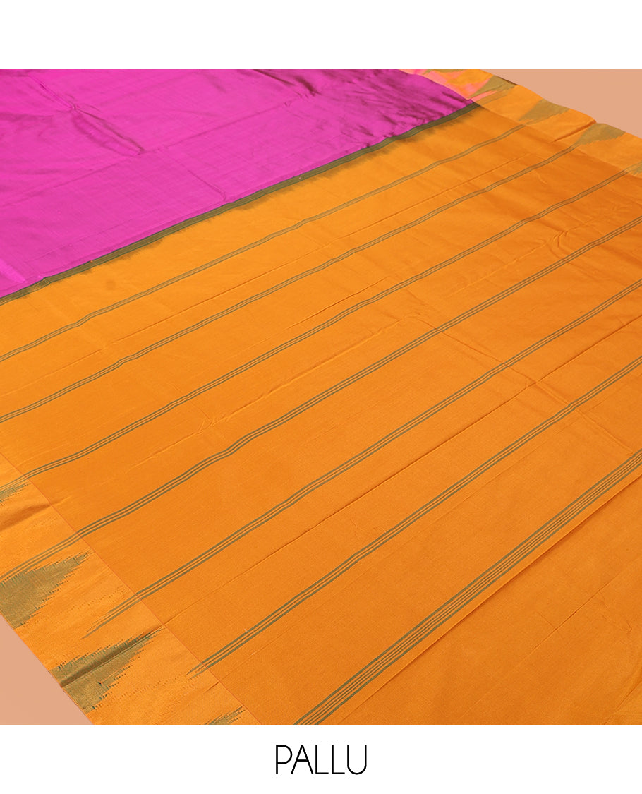 Magenta Pink Plain Bangalore Silk Saree, a Complemented by a Contrast Temple Border, Striped Pallu, and a Contrast Blouse