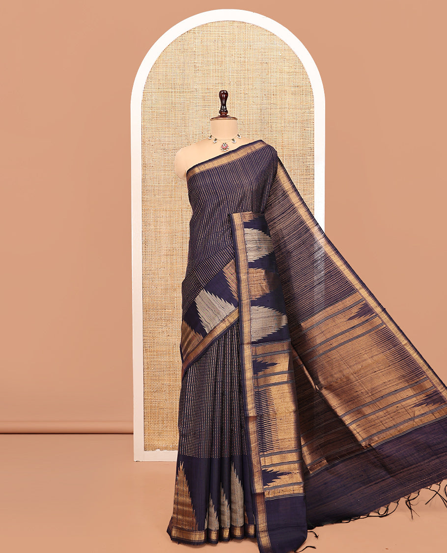 Navy Blue Dupion Silk Saree, Steeped with Dotted Stripes, a Zari Temple Border, Gleaming Striped Pallu, and a Matching Blouse