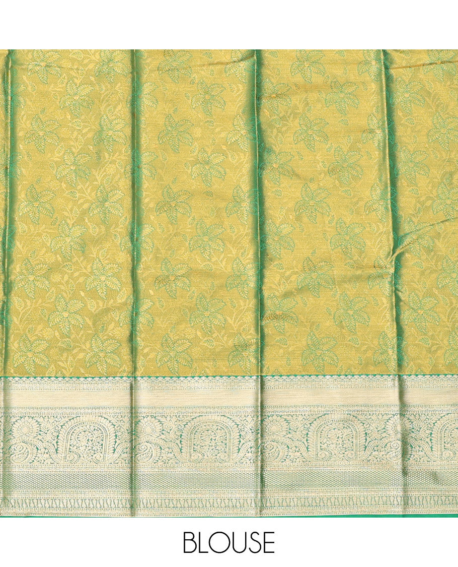 Green Art Silk Half-Saree, Embellished with Floral Jacquard Design, Contrast Traditional Zari Border, and Paired with a Matching Blouse