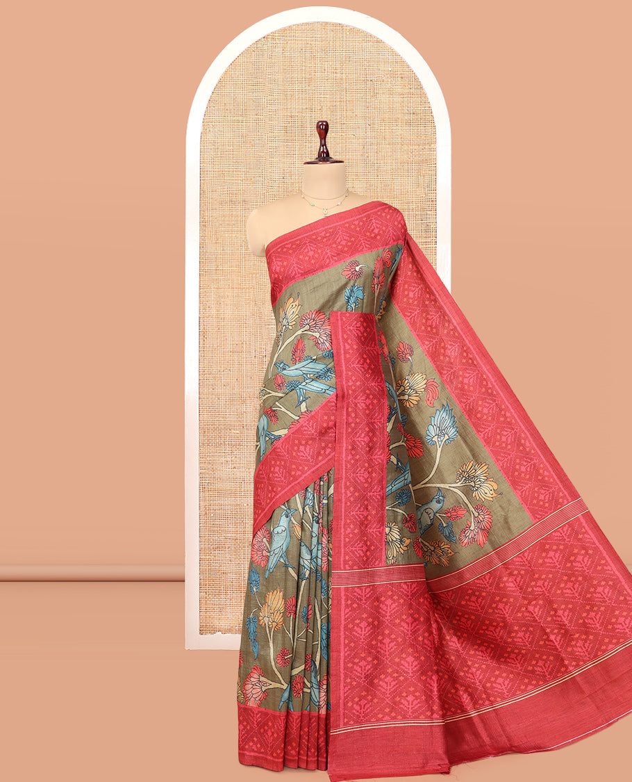Grey Fancy Tussar Saree Features Kalamkari Floral Vine and Bird Print, Contrast Patola Border, Patola Pallu, and a Contrast Blouse