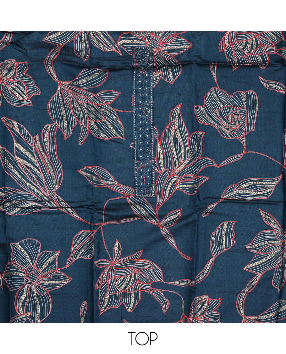 Blue Material Chudidar Set, Embellished with Leaf-Floral Print and Neck Embroidery on Rayon Top, a Plain Rayon Bottom, and Paired with a Matching Embroidered Chanderi Silk Dupatta