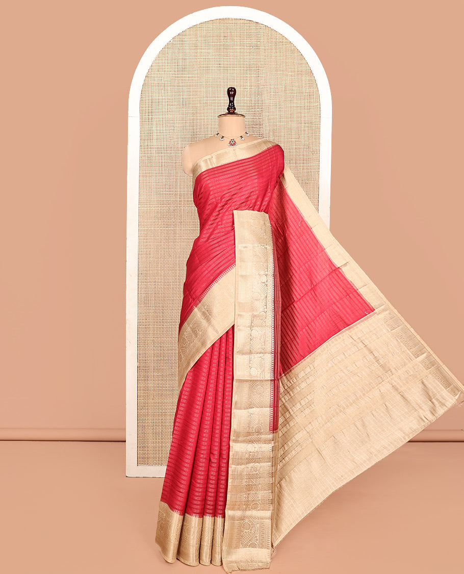 Red Semi-Banarasi Dupion Saree, Beautified with Stripes, a Contrast Floral Creeper Zari Border, Striped Pallu, and a Contrast Blouse
