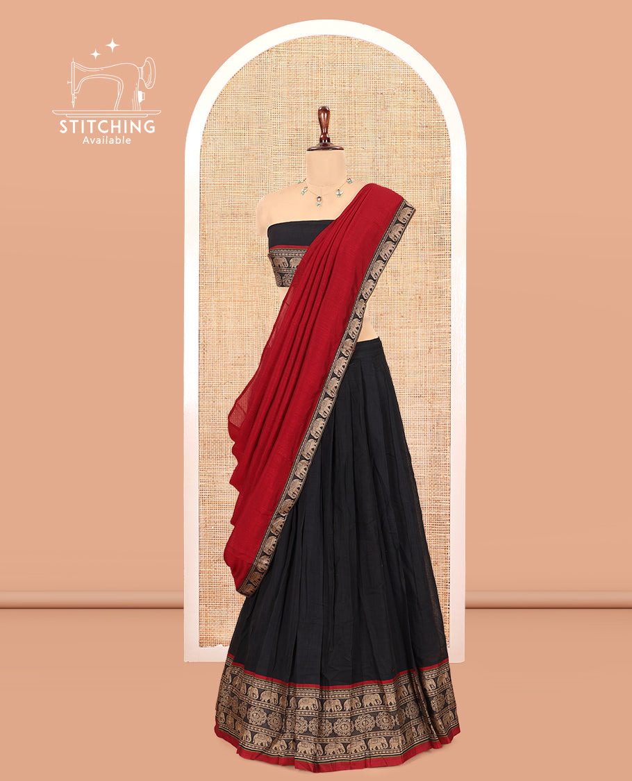 Black Mercerised Cotton Half-Saree, Plain Skirt, an Elephant Motif Border, a Matching Blouse, Contrast Dhavani