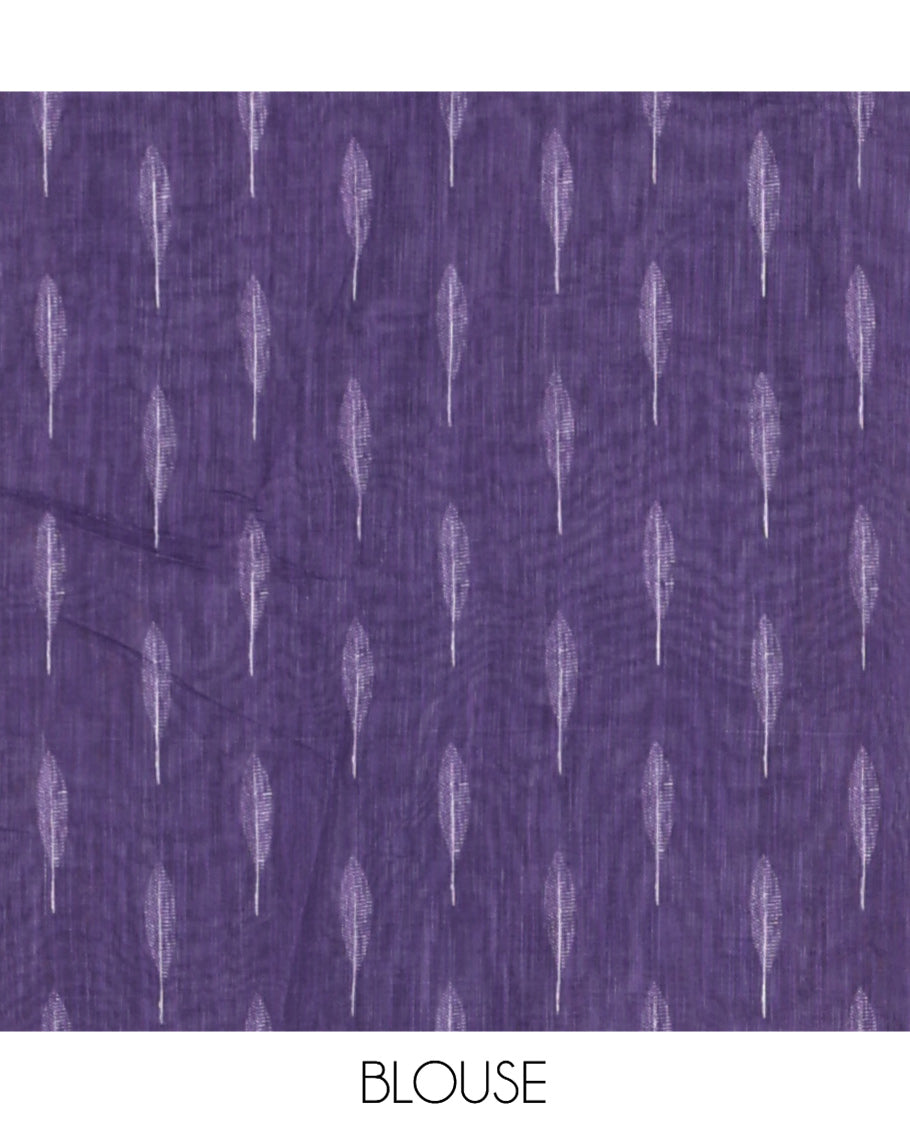 Violet Linen Cotton Saree Features Tree Print, a Zari Piping Border, and a Matching Blouse