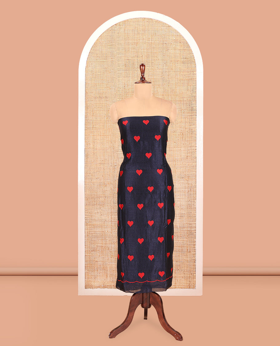 Navy Blue Semi-Silk Material Chudidar, Heart Embroidered Top, Plain Bottom, Heart Embroidered Dupatta