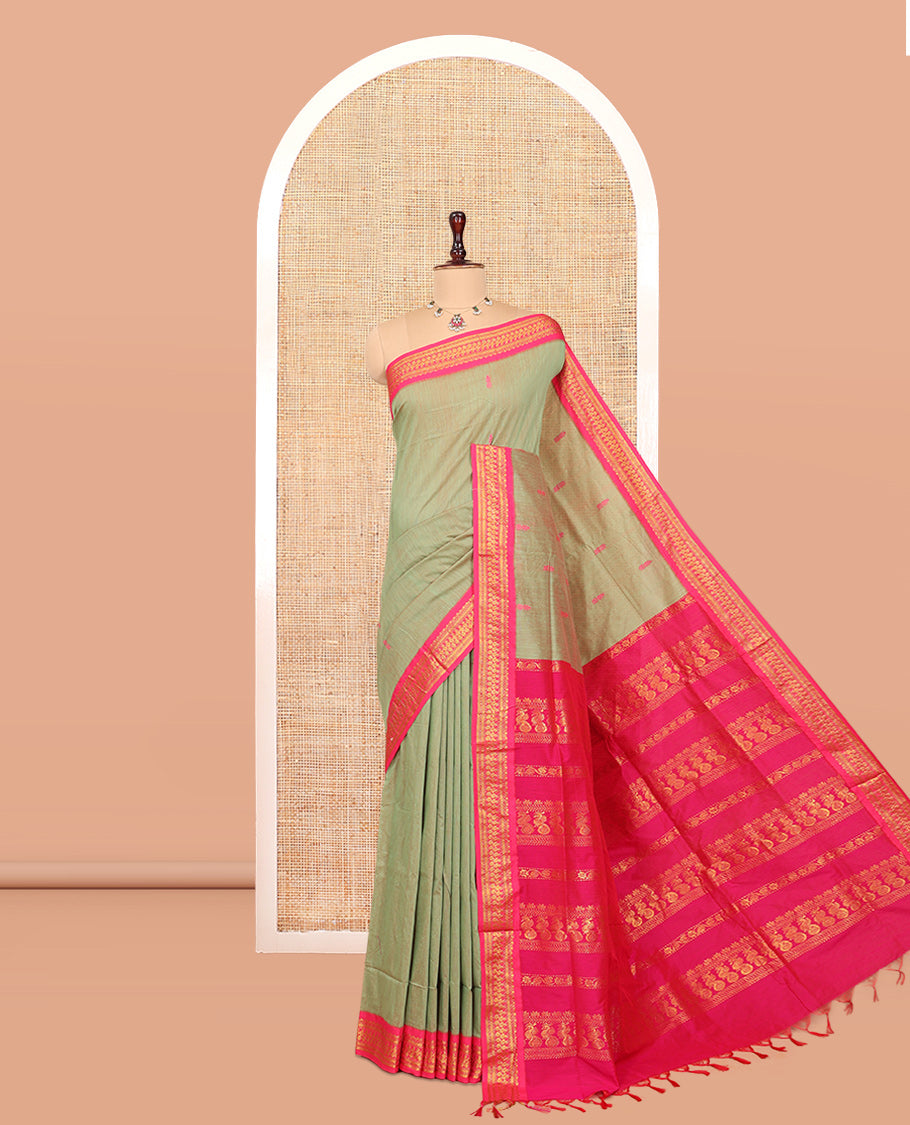 Green Kalyani Cotton Saree, Woven with Thread Buttas, Complemented by a Contrast Traditional Border, Traditional Pallu, and a Contrast Blouse