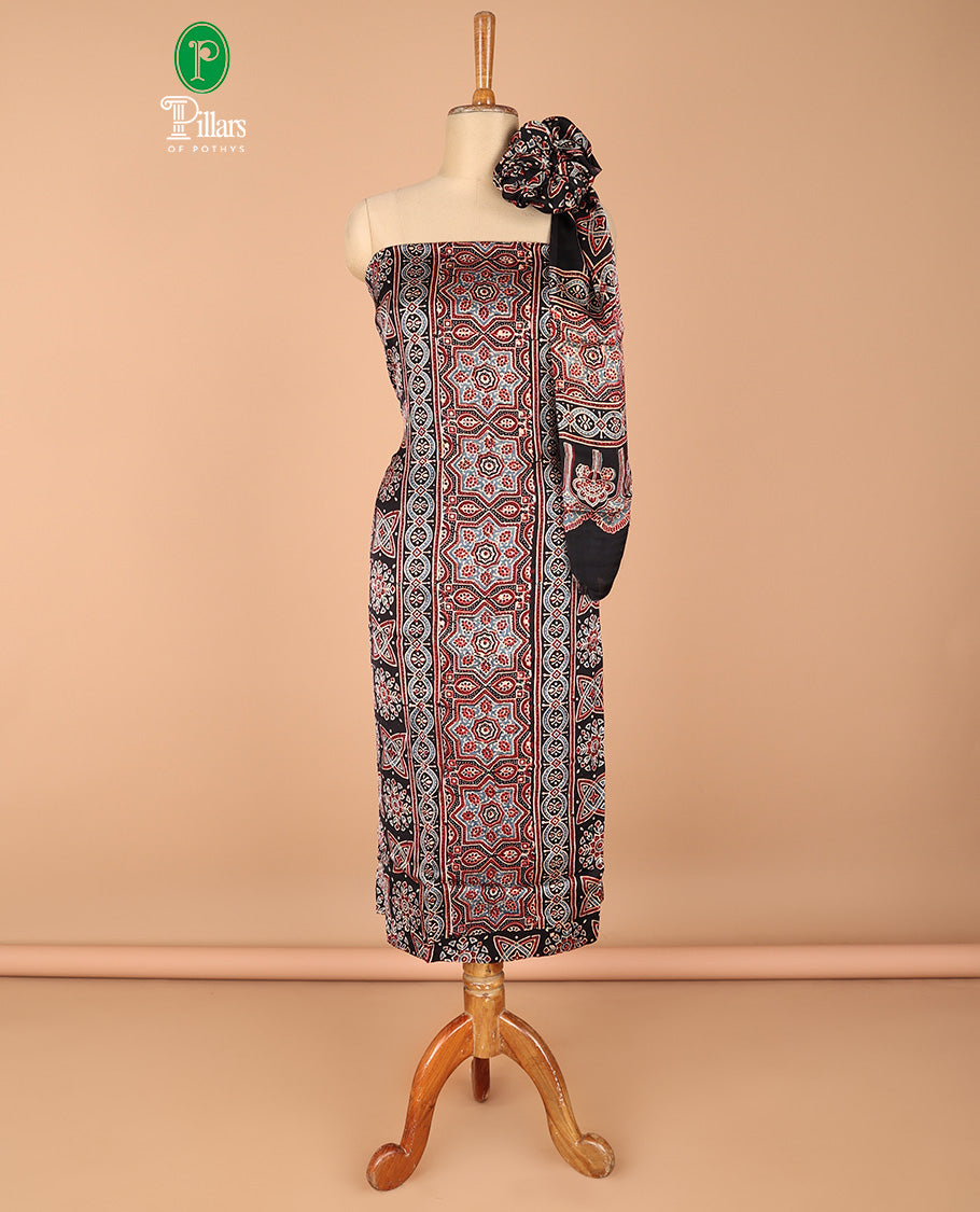 Black chudidhar material set pure modal hand block ajrack print top with plain pant & hand block print dupatta