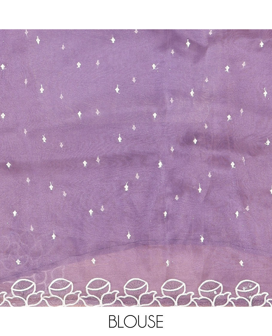 Lavender Organza Saree, Subtly Sparkled with Embroidered Buttas Across Its Body, Highlighted by a Scallop Floral Thread Embroidered Border, a Self-Pallu, and Paired with a Matching Blouse