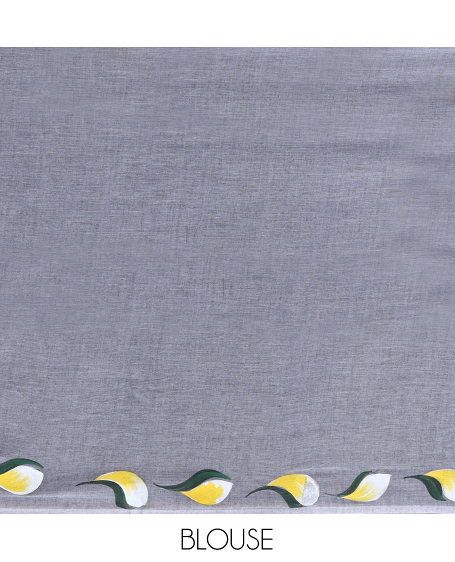 Borderless Grey Khadi Mul Cotton Saree Features Floral Hand-Brush Painting, and a Matching Blouse
