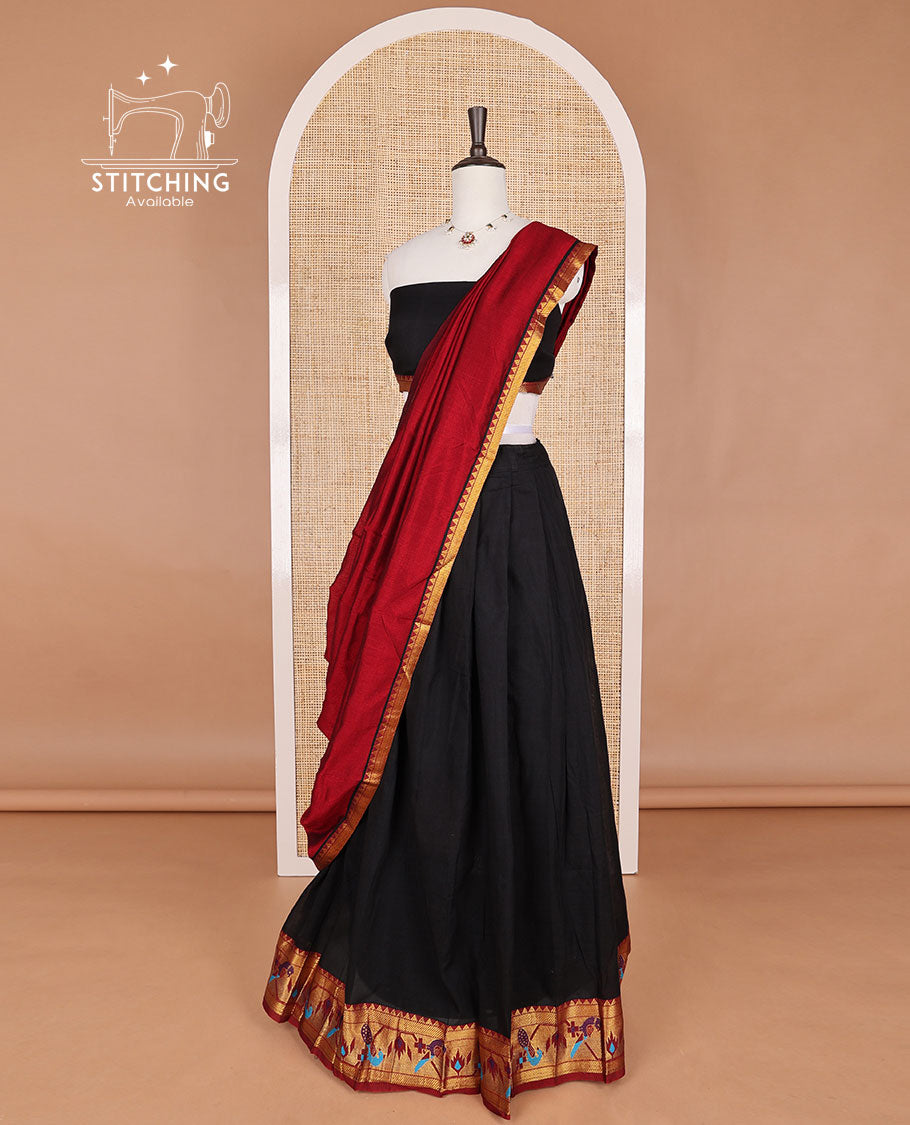 Black mercerised cotton birds design border half saree with cotton blouse & georgette one side zari border