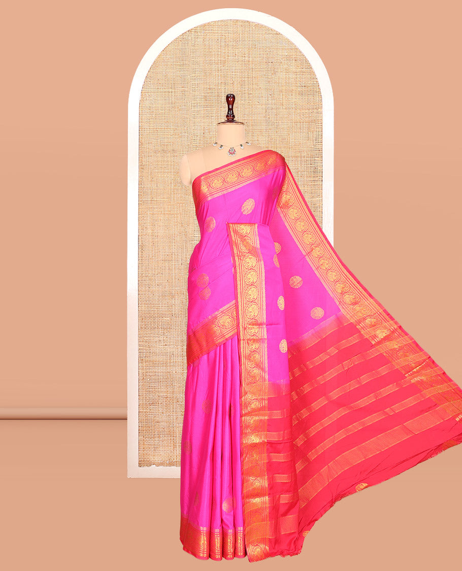 Rani Pink Elephant Buttas Fancy Mysore Silk Saree, Contrast Elephant Border, Contrast Blouse