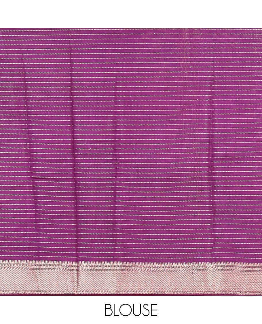 Purple Assam Silk Saree Delicately Woven with Zari Stripes, Complemented by Captivating Contrast Traditional Zari Border, Scintillating Zari Striped Pallu, and Paired with a Contrast Blouse
