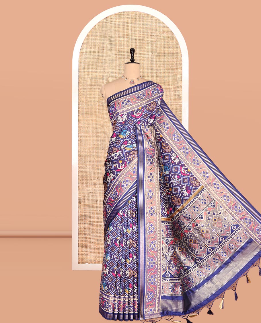 Navy Blue Intricate Motif Semi-Patan Patola Saree, Patola Printed Tissue Border, and a Matching Blouse