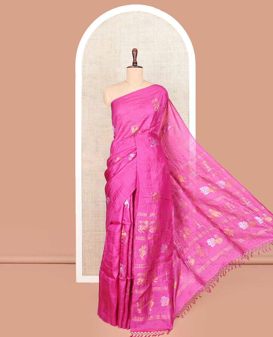 Borderless Rani Pink Tussar Silk Saree Illustrating Mythological Animal Motifs Woven in Zari on Its Body, Pallu Highlighted by Animal-Human Motifs in Zari, and Paired with a Matching Blouse