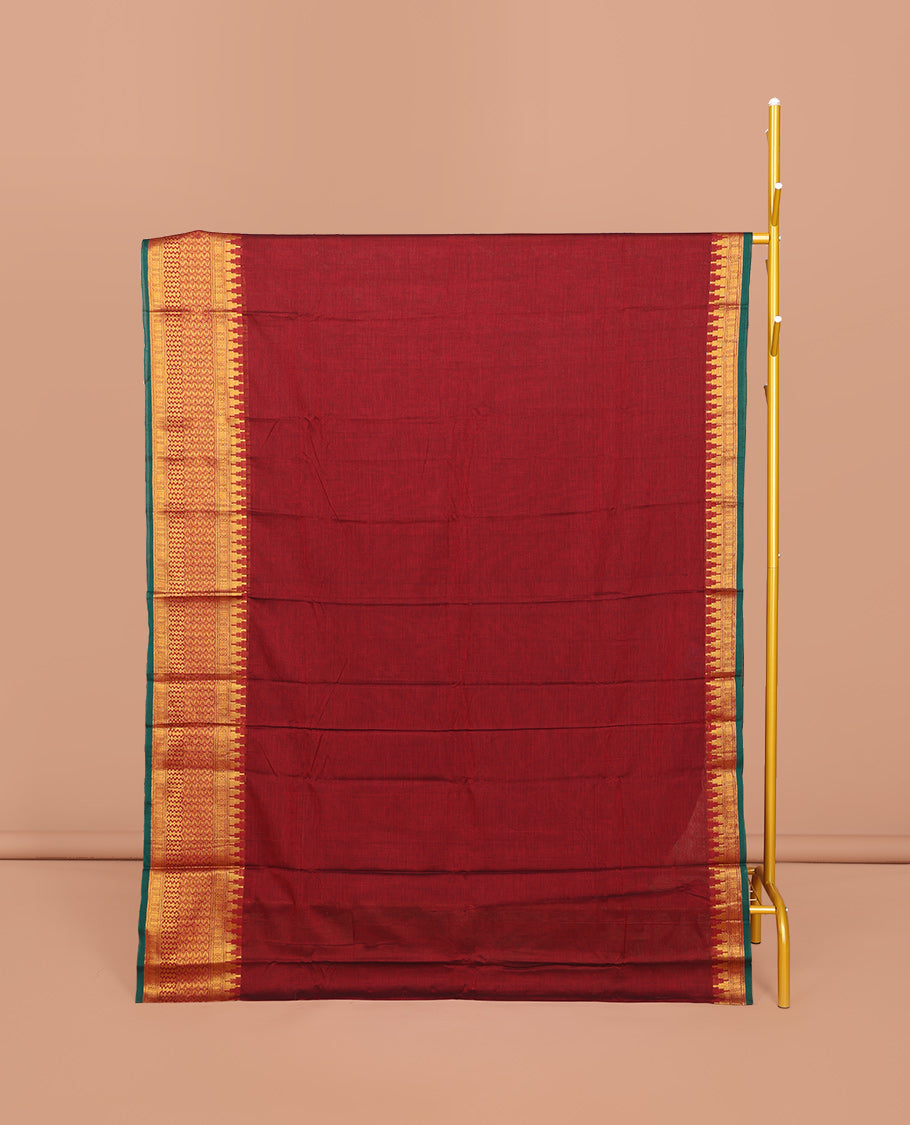 Red Plain Narayanpet Cotton Saree, Complemented by a Contrast Temple Traditional Zari Design Border, Striped Pallu, and Comes Without a Blouse