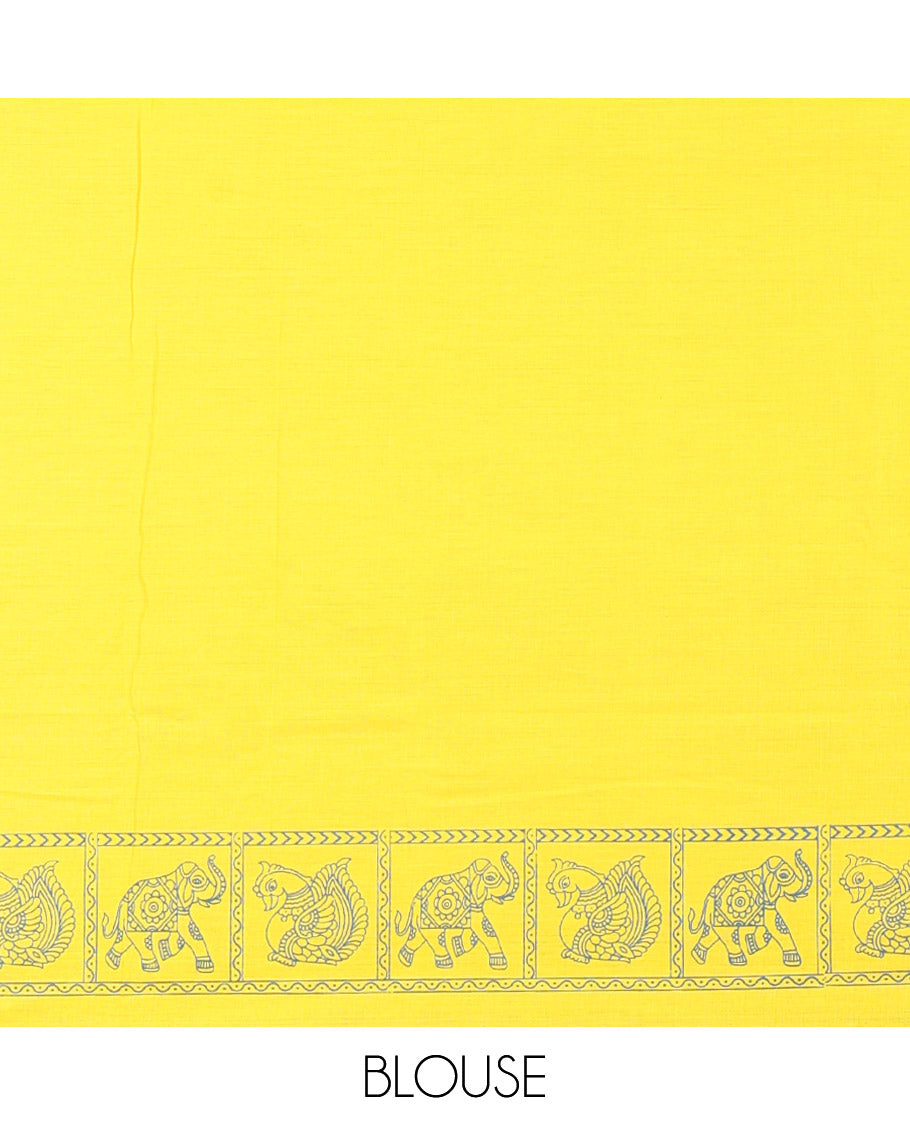 Blue Mangalagiri Cotton Saree Adorned with Elephant Motifs Block Print All Over Its Body, Subtly Printed Border of Animal Butta Enclosed Checks, Pallu Mirrors the Same Border Print, and Paired with a Contrast Printed Blouse