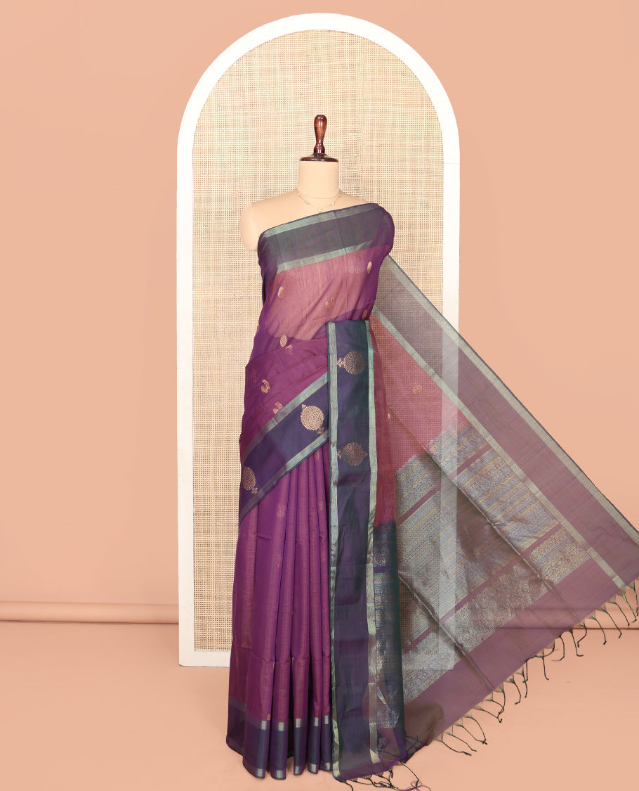 Purple Silk Cotton Saree, Elevated with Peacock and Rudraksha Buttas, Complemented by a Contrast Zari Buttas Border, Geometric Patterned Pallu, and a Contrast Blouse