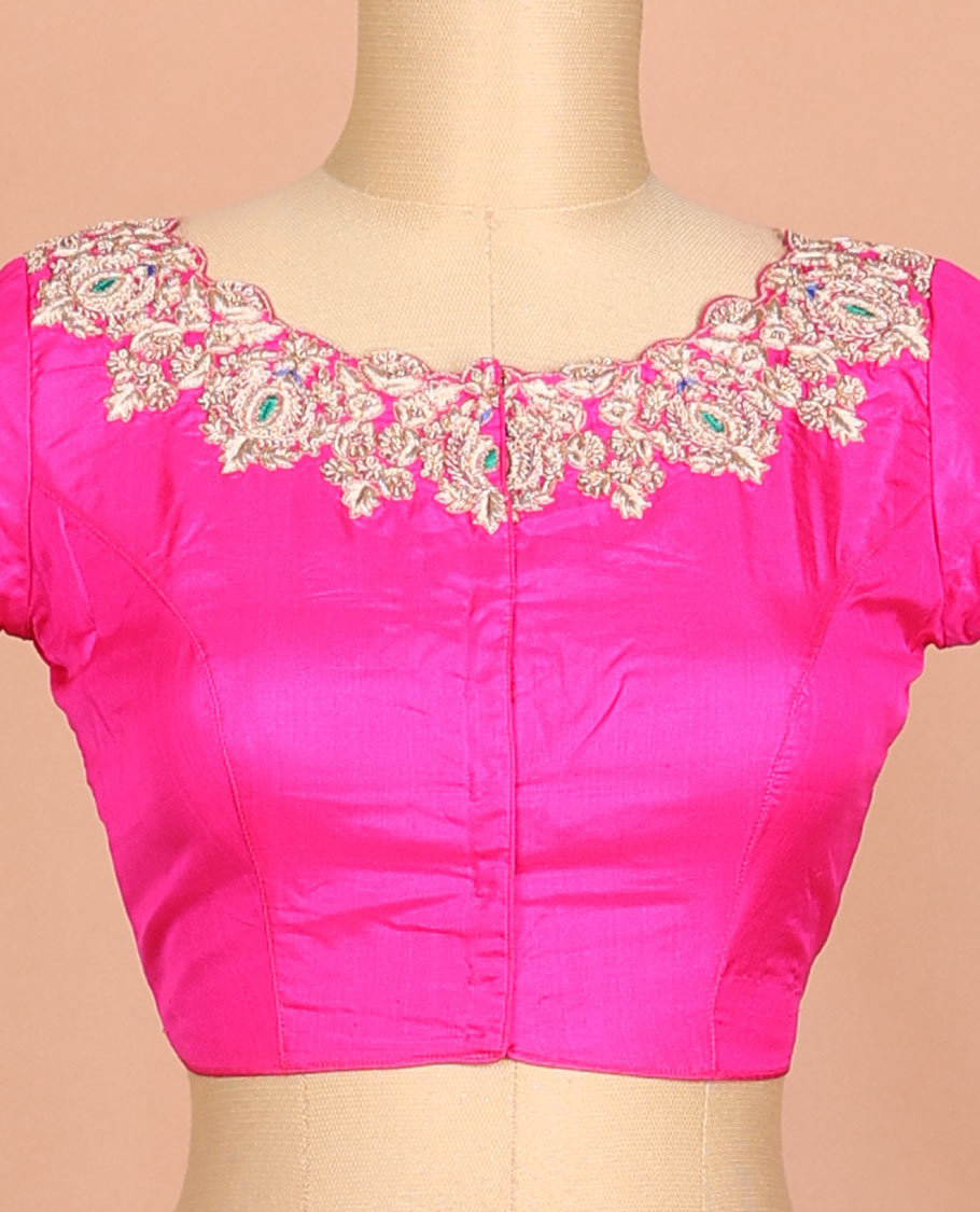 Hot pink floral design embroidered pure-silk readymade blouse with front & back boat-neck & elbow-sleeve