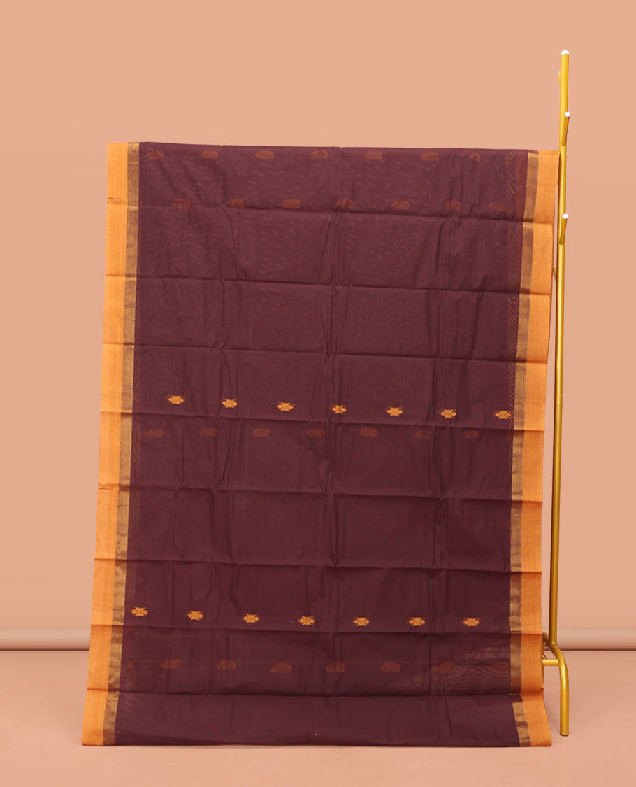 Brown Kanchi Cotton Saree, Adorned with Thread Buttas on Its Body, Complemented by a Contrast Border, Intricately Designed Pallu, and a Matching Blouse