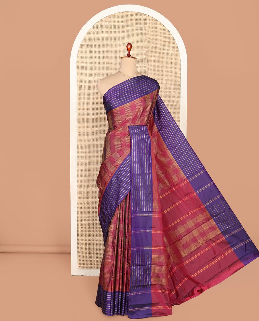 Maroon Aarani Silk Saree, Accentuated with Zari Checked Design on Its Body, Complemented by a Contrast Zari Striped Border, Pallu of Stripes, and Paired with a Matching Blouse