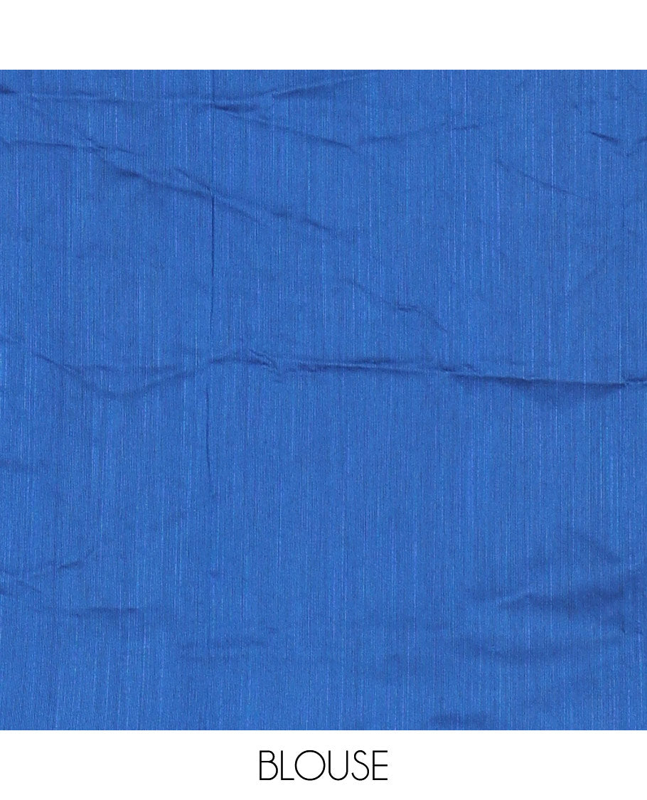 Blue Satin Crepe Saree Features 3D-Style Ombre Colours on Its Body, a Subtle Rose-Copper-Zari Woven Border, a Simple Plain Pallu, and a Plain Blouse