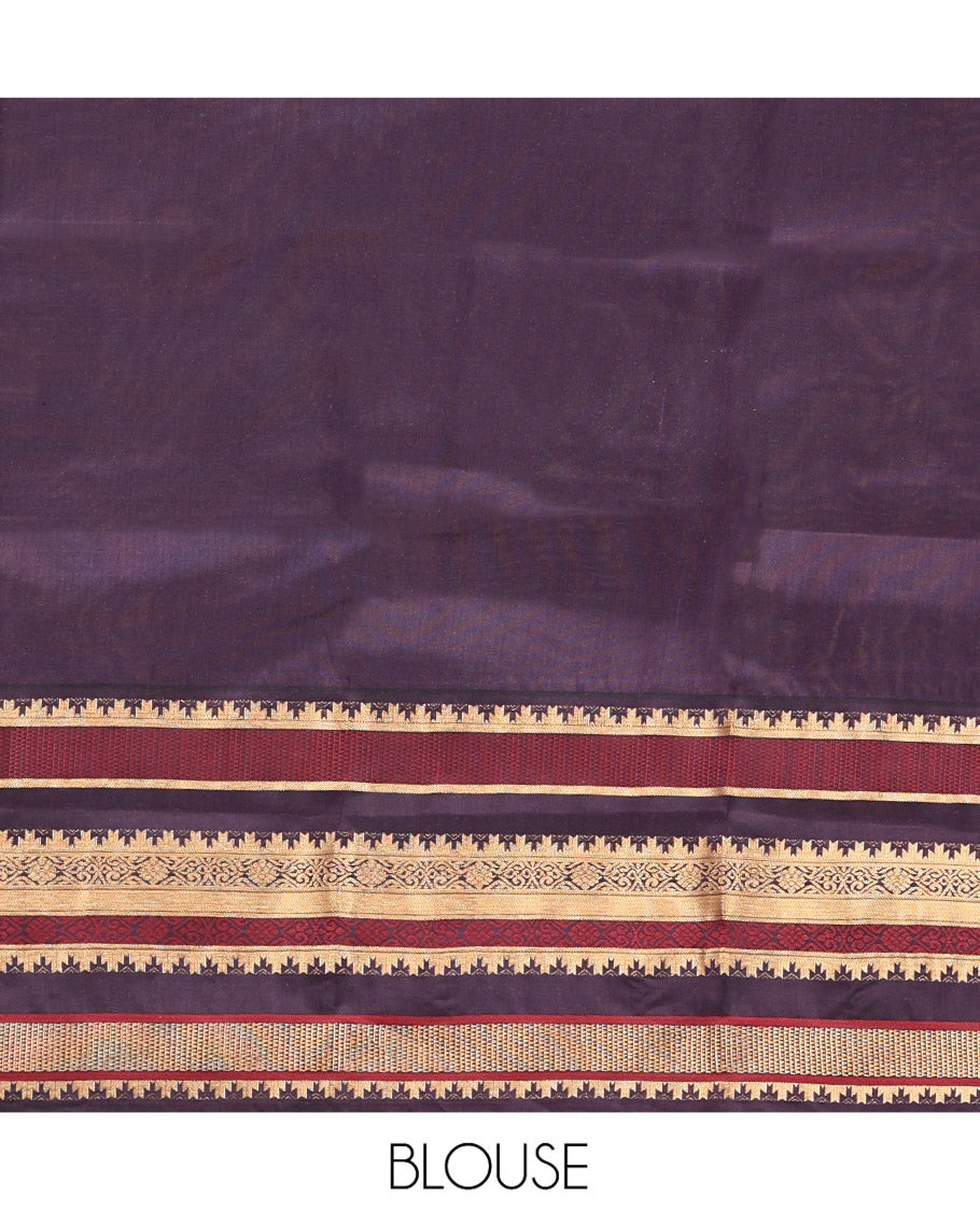 Pista Green and Coffee Brown Vasundenhara Lite Silk Mix Saree, Subtly Adorned with Buttas All Over Its Body, Complemted by Contrast Border of Thazampoo Rekku, Banaras, Jada Nagam, and Ara Maadam Designs, Grand Pallu, and Paired with a Contrast Blouse