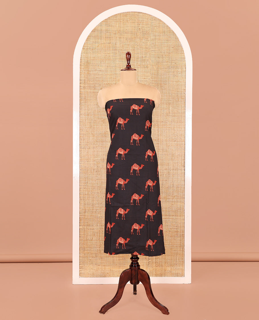 Black-Rust Jaipur Cotton Material Chudidar Set, Camel Motifs Printed Top, Contrast Bottom, and Plain Dupatta
