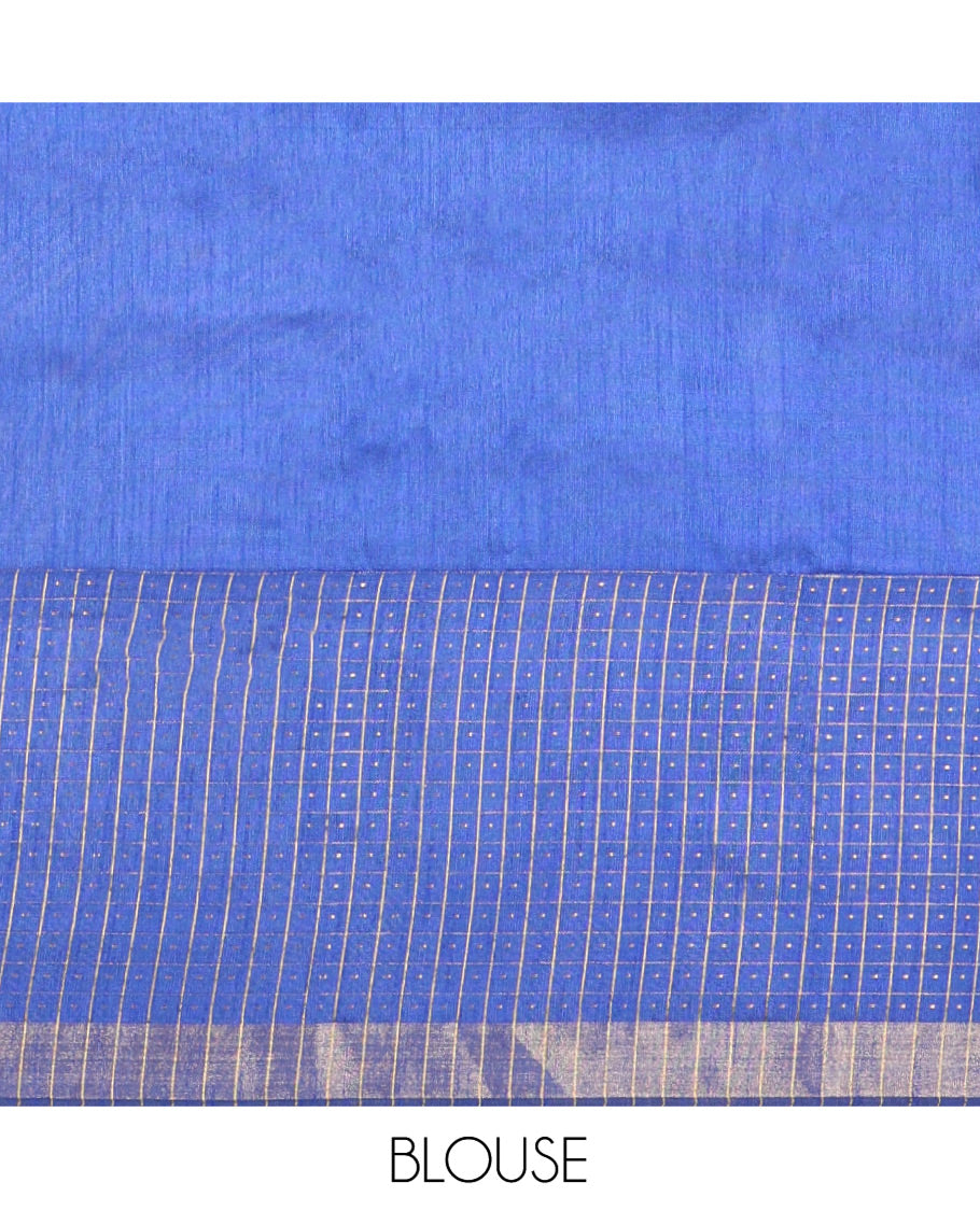 Rama Blue Semi-Raw Silk Saree, Delicately Woven with Zig-Zag Stripes All Over Its Body, Complemented by Contrast Border of Butta Enclosed Checks, Striped Pallu, and Paired with a Contrast Blouse